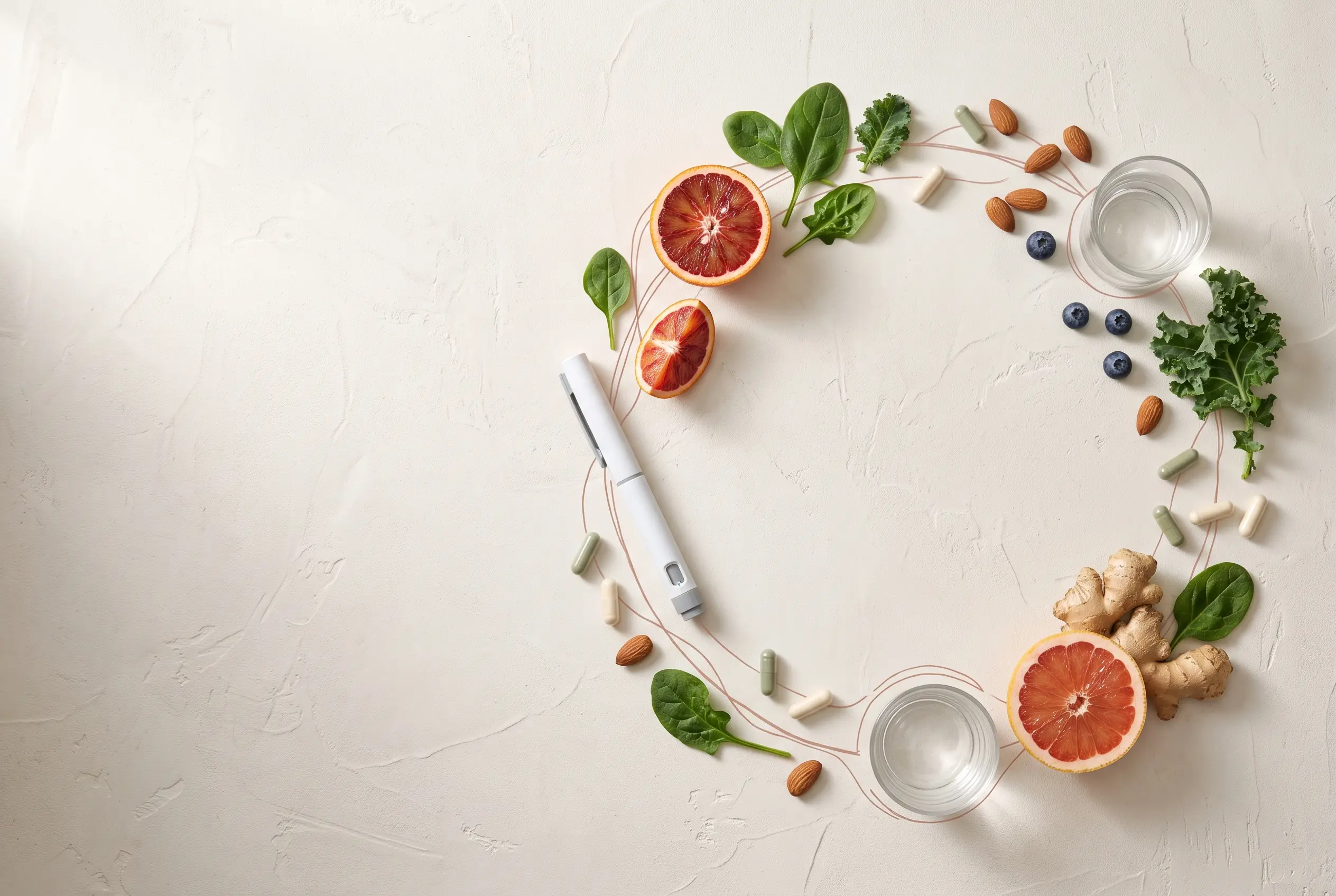 A GLP-1 pen circled by fresh ingredients and supplement capsules