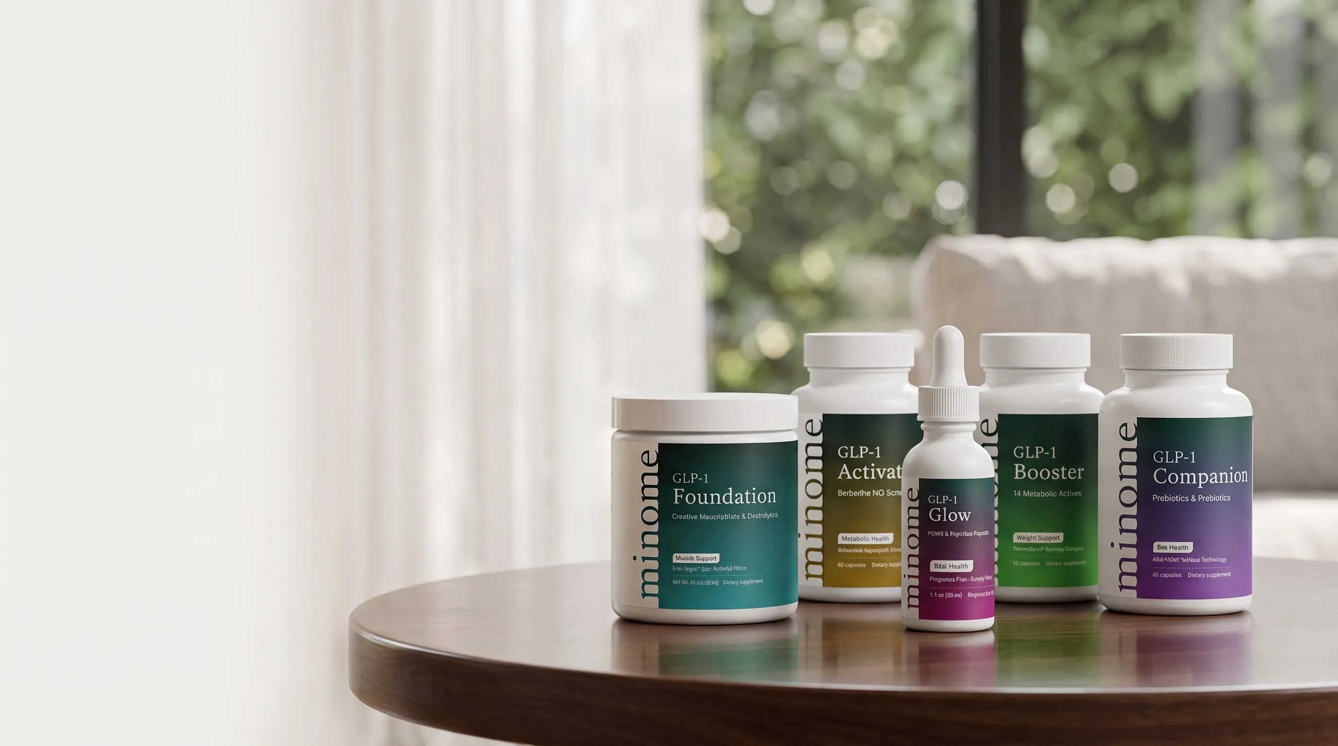 The minome supplement range on a table by a window